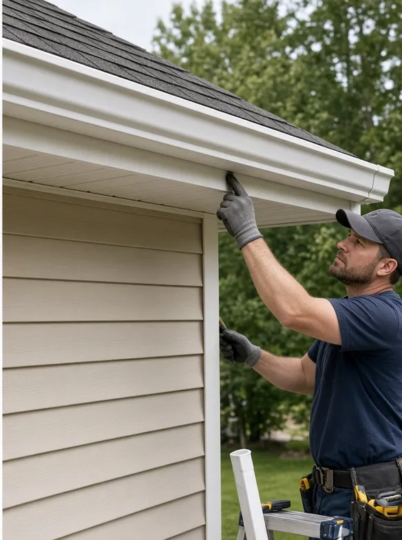Technician checking new fascia and gutter on a finished repair