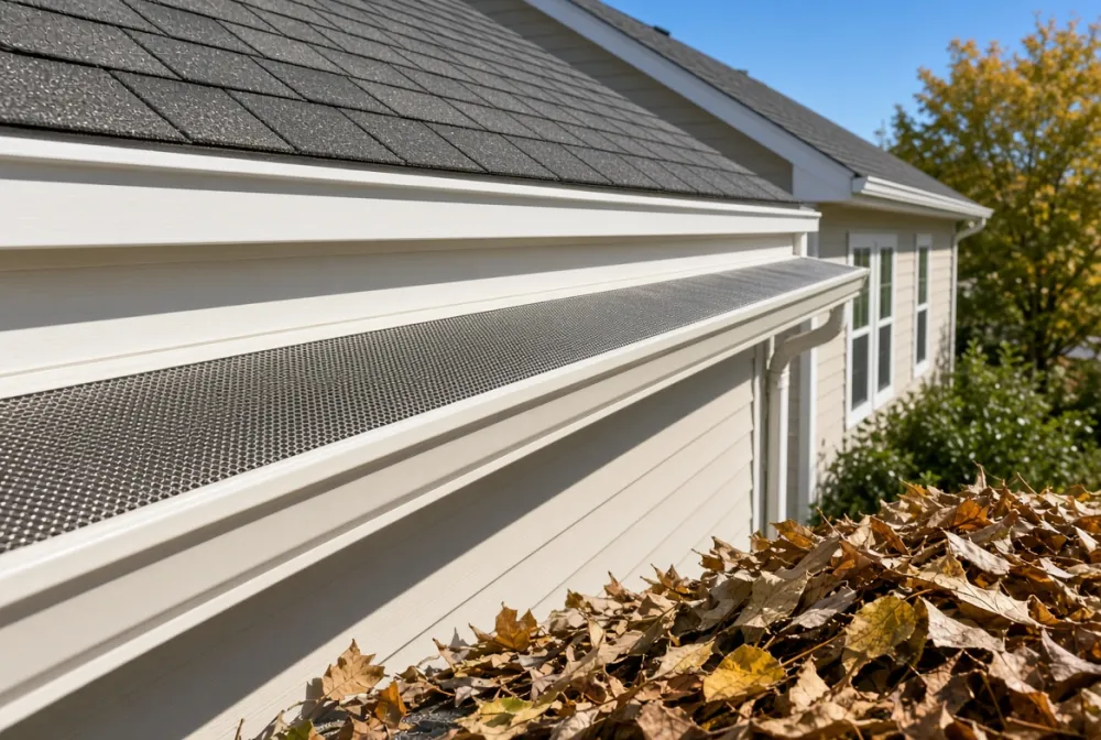Fresh gutter run with guards on a cream-sided home in fall