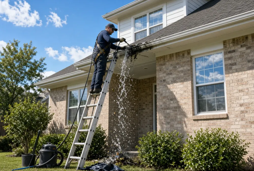 Technician on a ladder flushing a gutter with water