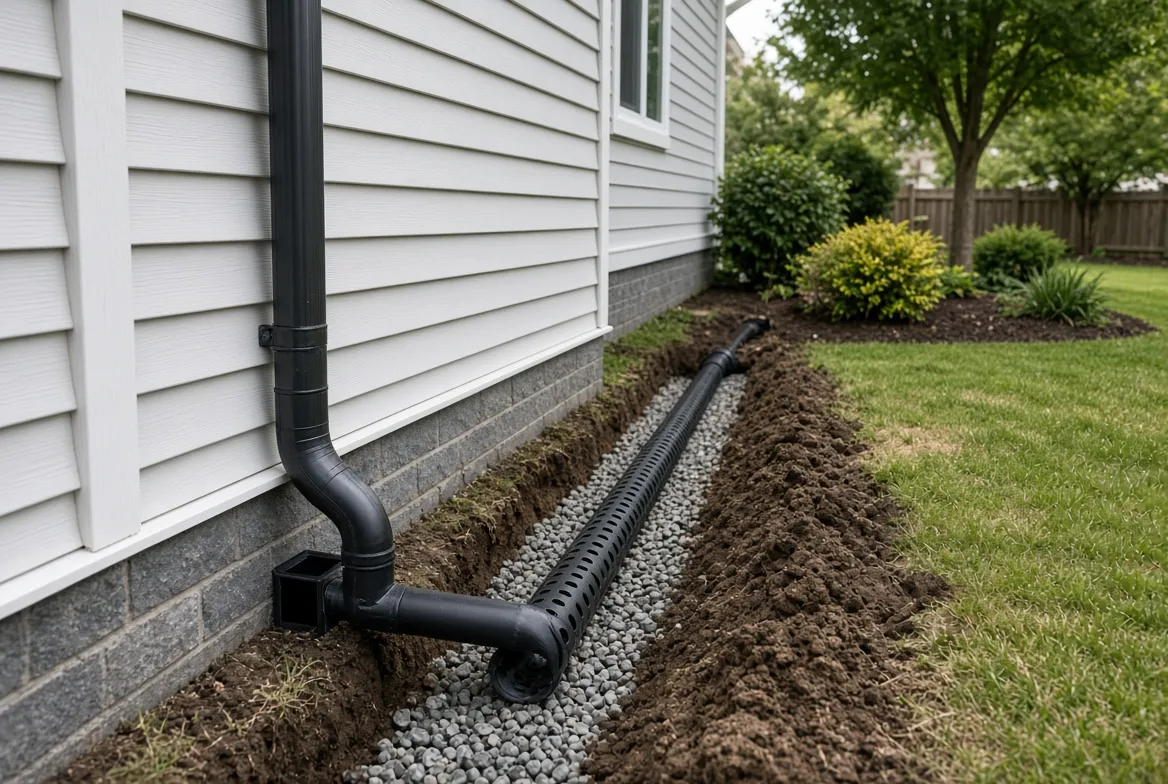 Downspout tied into a buried drainage pipe running away from the foundation