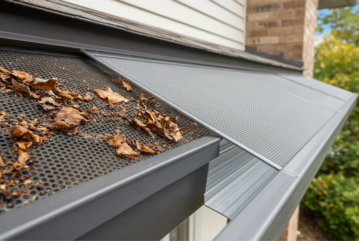 Close-up of micro-mesh gutter guard shedding fallen leaves