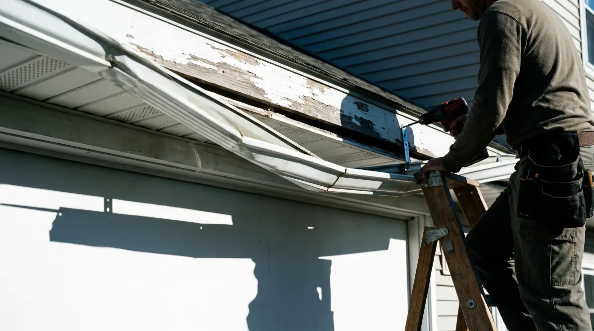 Technician on a ladder fastening a gutter back to the fascia