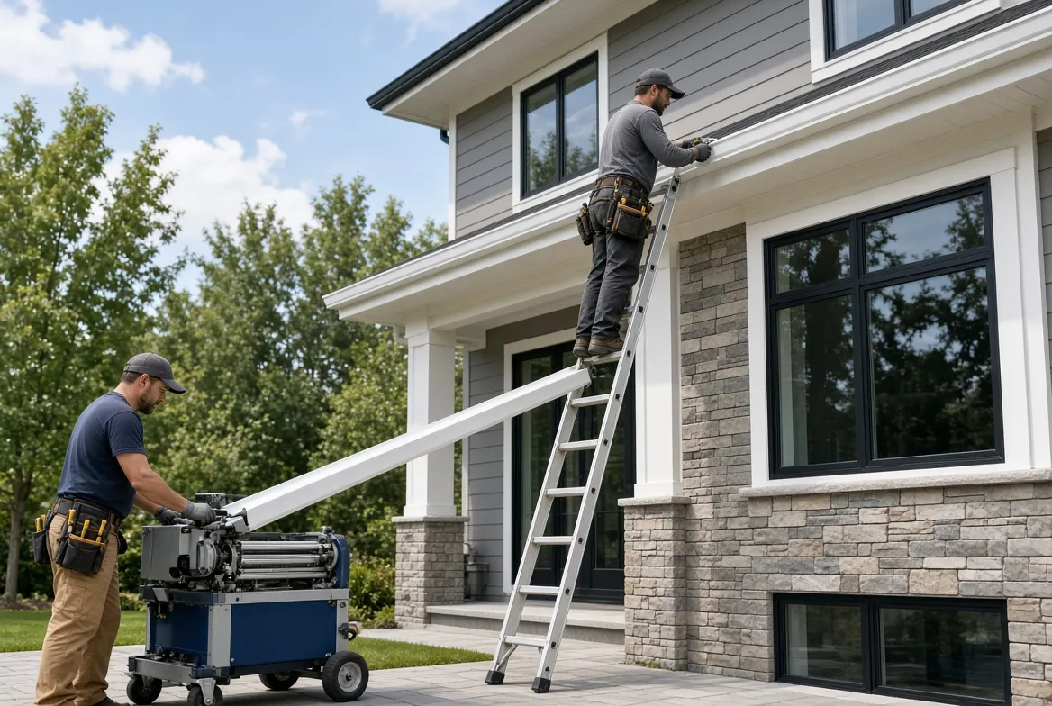 Crew fabricating seamless gutter on site with a gutter machine and installing it from a ladder