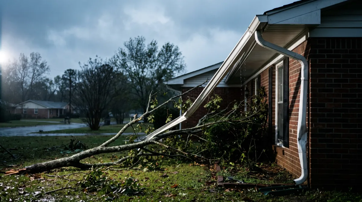Fallen tree limb bent a gutter off a brick home after a storm